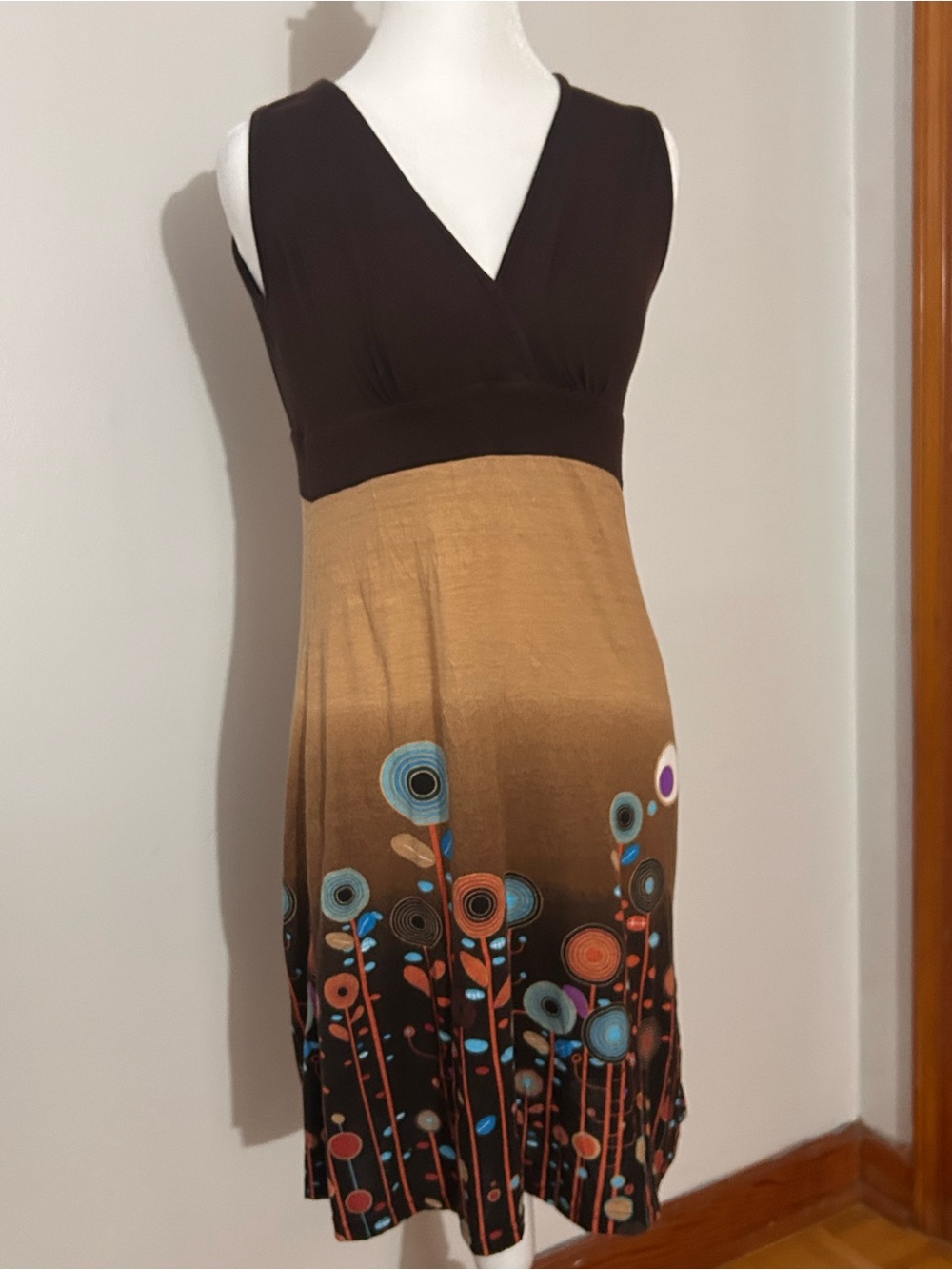 Source Unknown Brown and Tan Floral-Print Midi Dress with Blue Accents